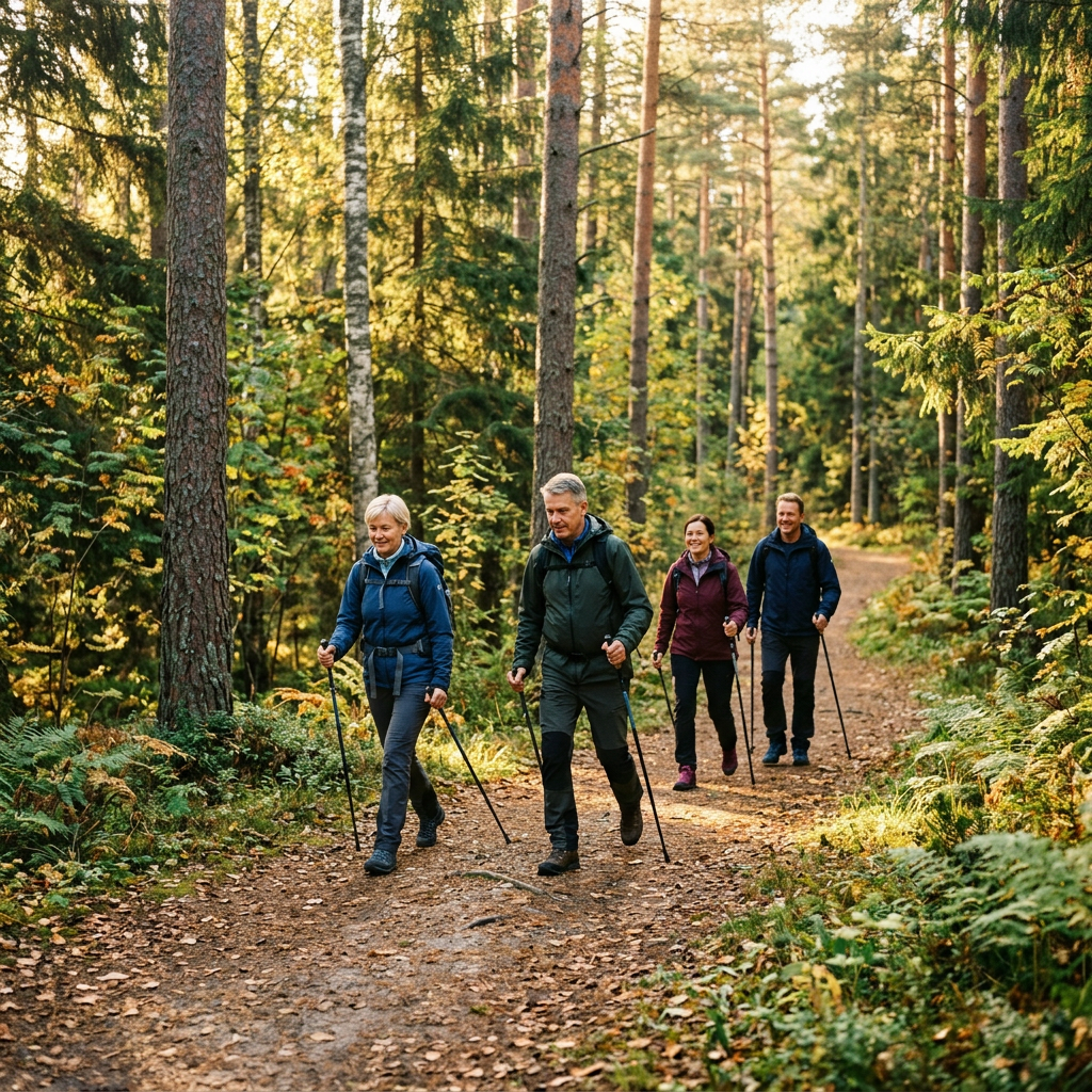 Four adults hiking with trekking poles on a forest trail.