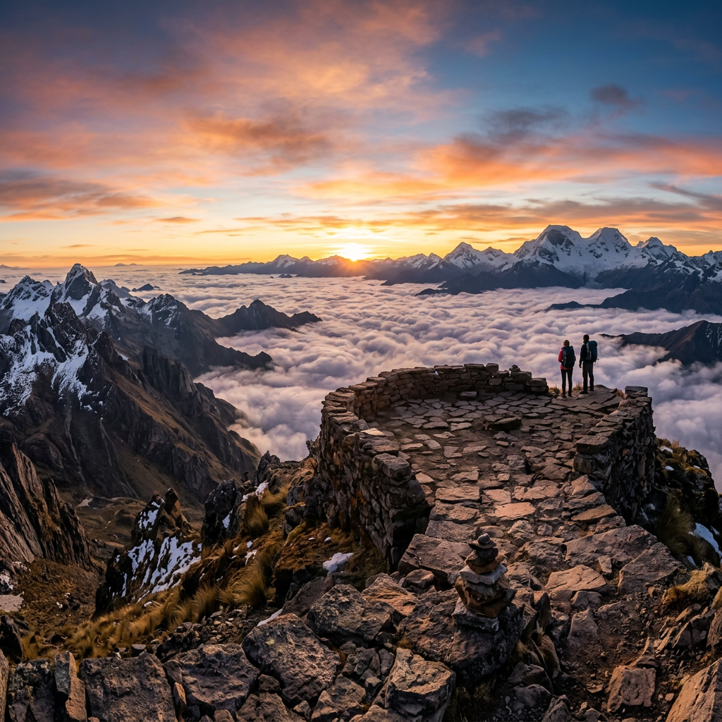 Two hikers standing on stone observation platform overlooking mountains and cloud-filled valley at sunrise