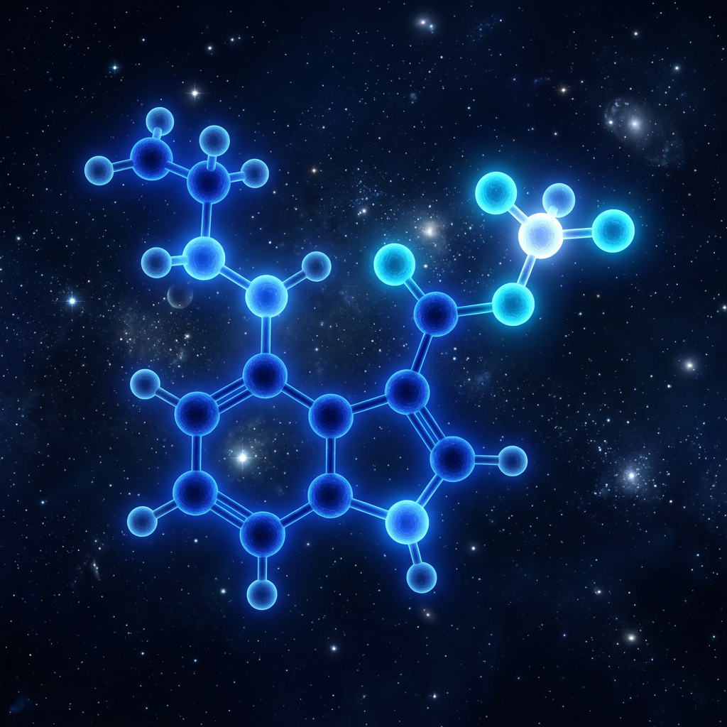 Glowing blue 3D molecular model with atom bonds on starry space background