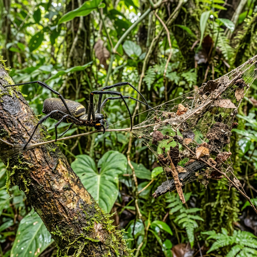 Golden orb-weaver spider on tree branch next to leaf-covered web in forest