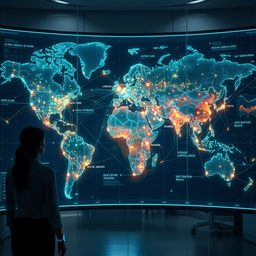 Digital world map showing health trends, disease surveillance, patient care, and vaccination reach with highlighted cities