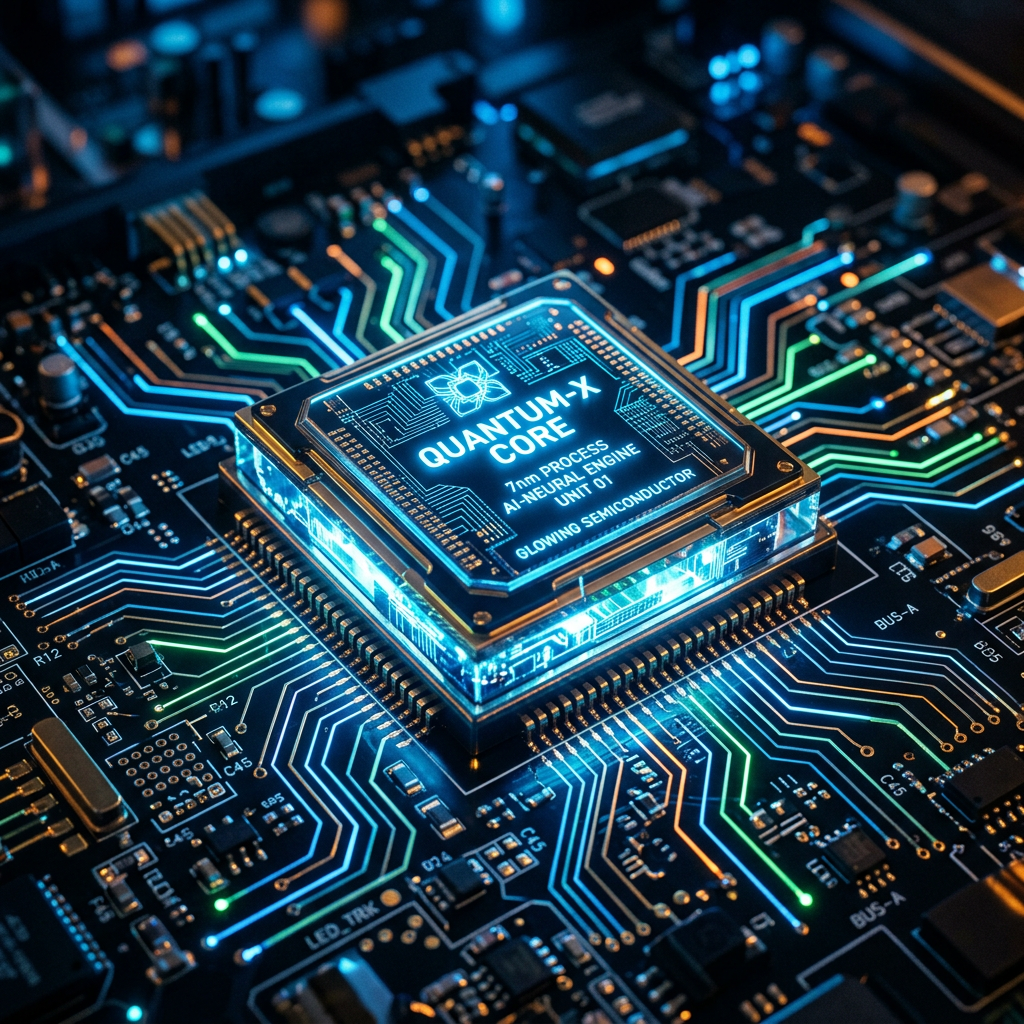 Quantum-X Core AI chip with glowing circuits on a processor board