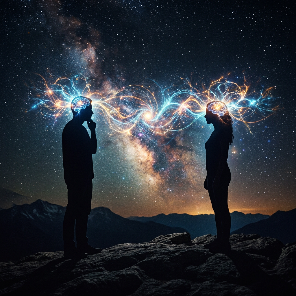 Silhouettes of a man and woman connected by luminous neural patterns under a star-filled night sky