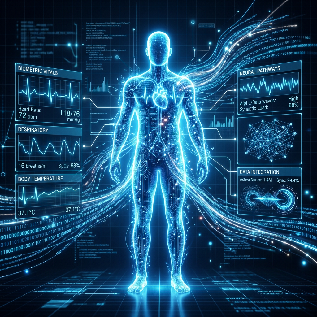 Digital human figure with biometric vitals and neural pathway data charts