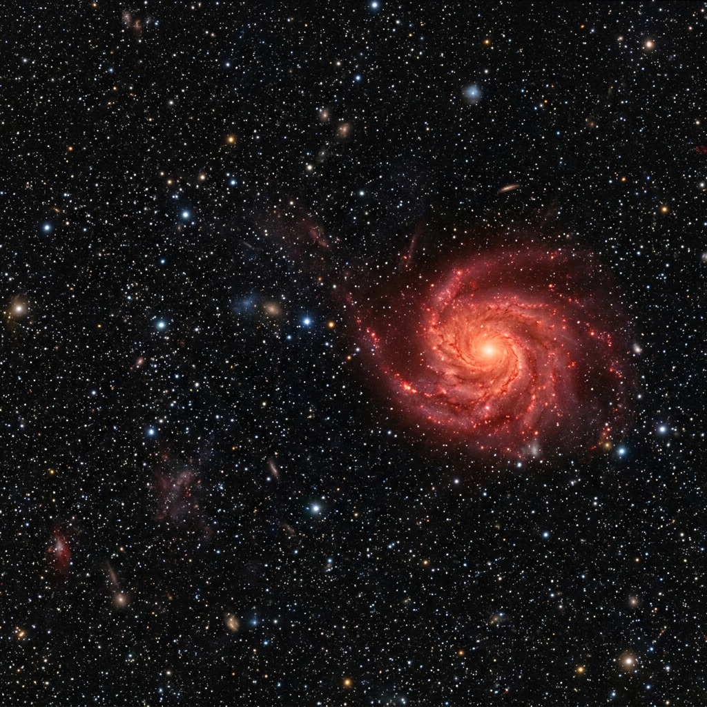 Bright spiral galaxy Messier 101 surrounded by numerous stars and distant galaxies