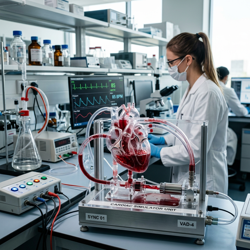 Cardiac simulator unit with tubes and sensors in a medical research lab