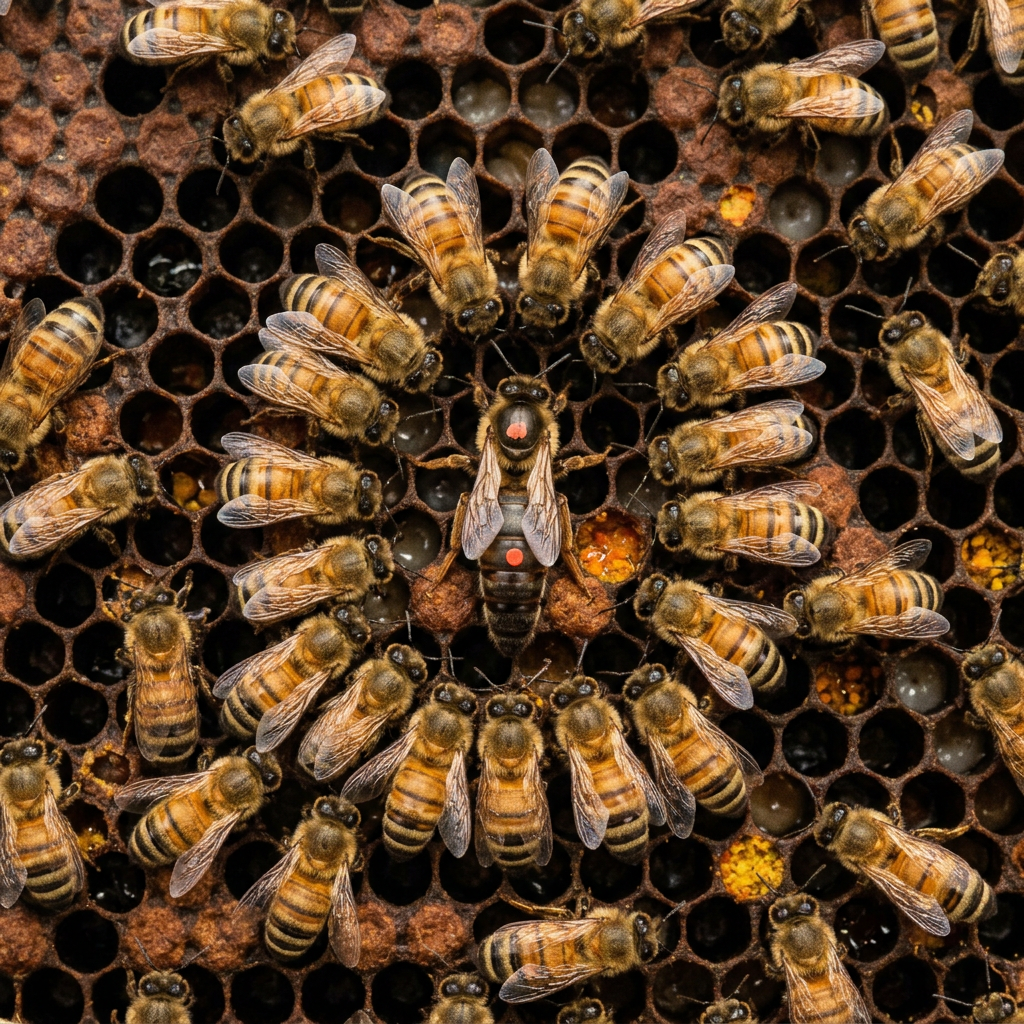 Queen bee in center of honeycomb surrounded by worker bees