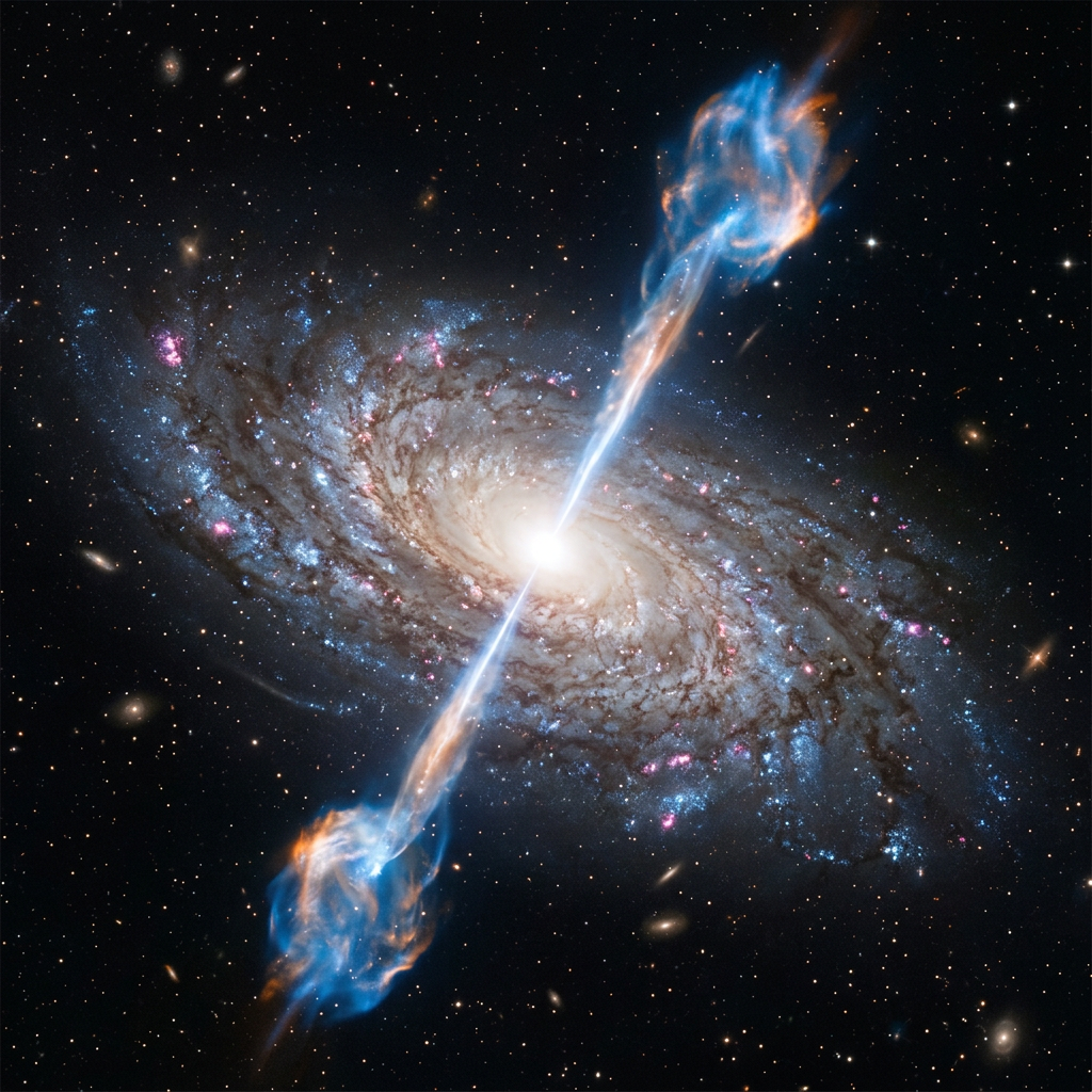 Spiral galaxy with two large blue and orange jets radiating from its bright core surrounded by stars