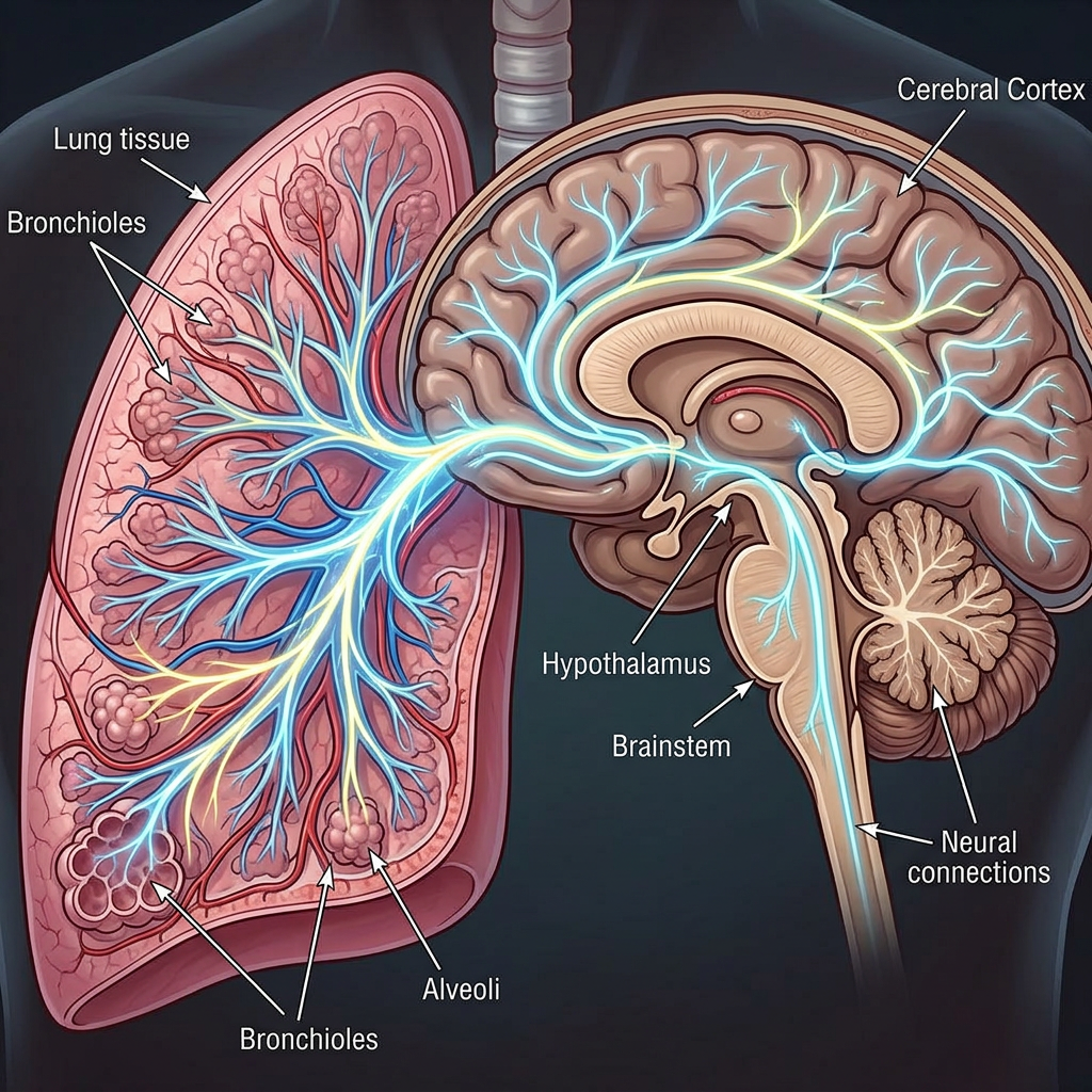 Diagram of the brain connected to lung tissue by neural pathways