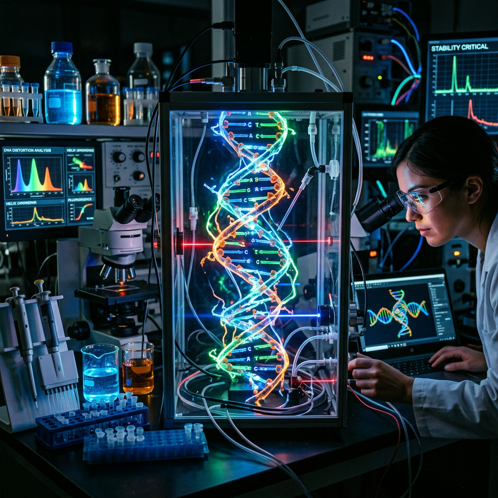 Scientist examining illuminated DNA double helix model with lab equipment and monitors