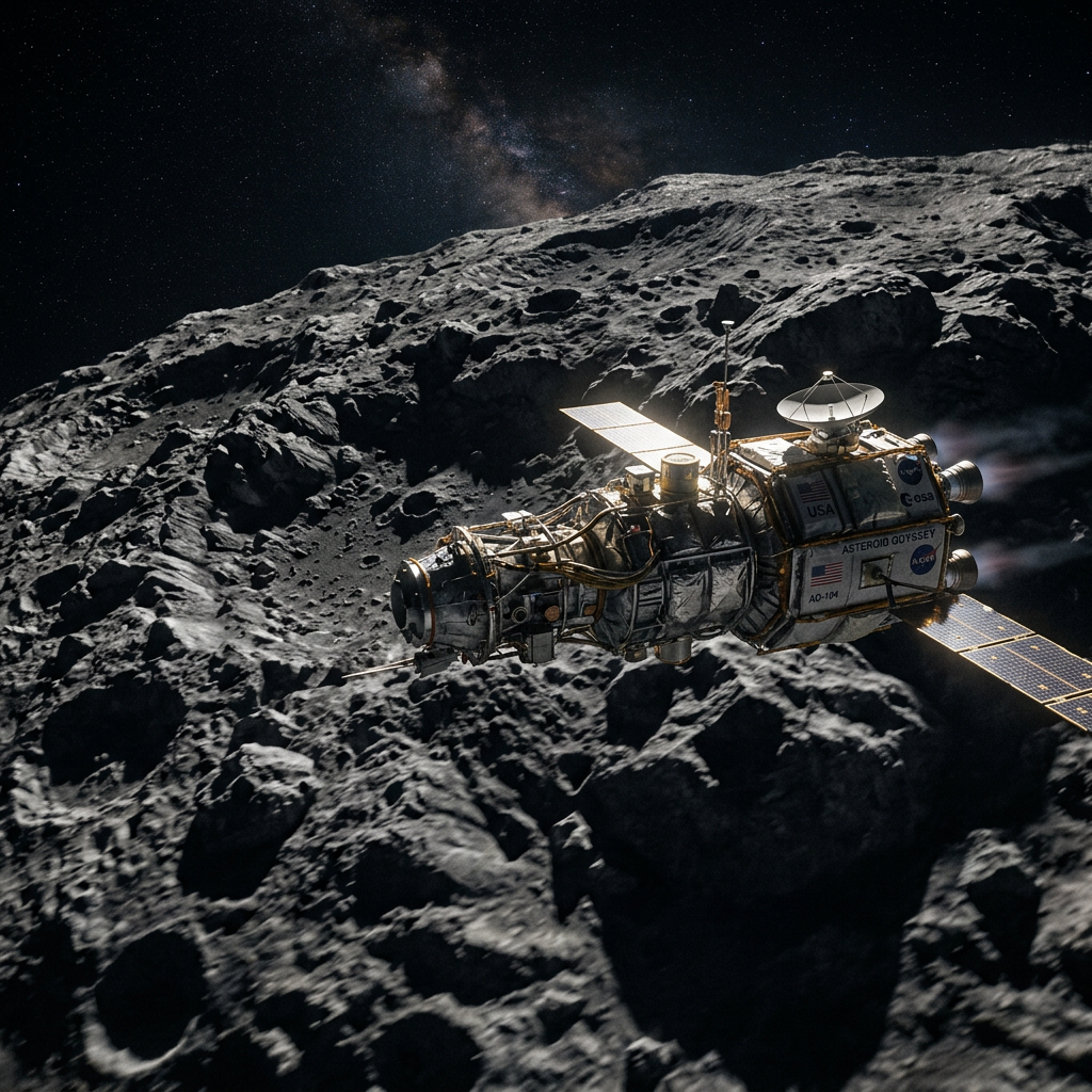 NASA spacecraft named Asteroid Odyssey orbiting a rocky, crater-filled asteroid surface in space
