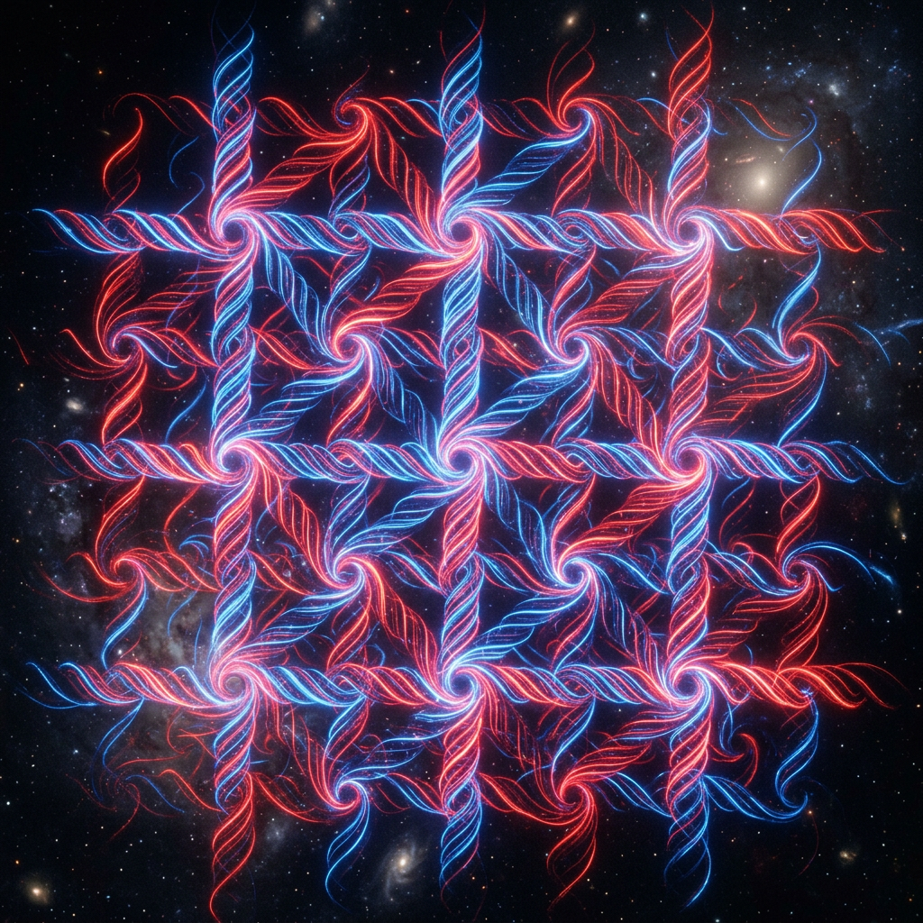 Glowing red and blue twisted strands forming a symmetrical grid pattern in space