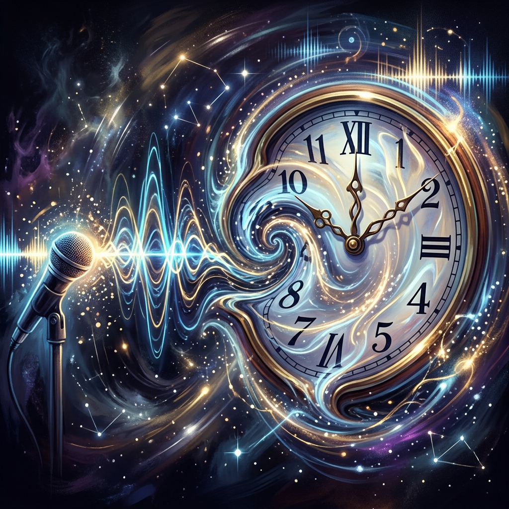 Microphone projecting sound waves transforming into a swirling clock face with Roman numerals.