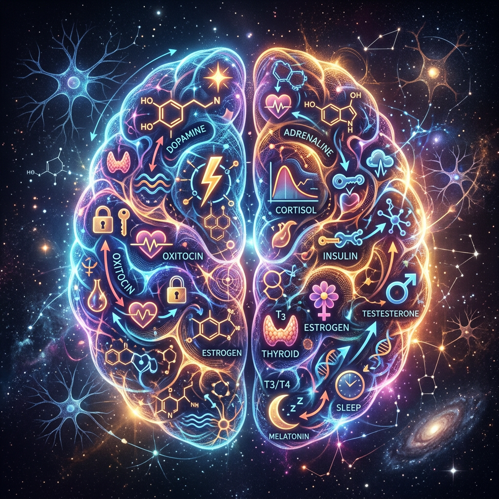 Colorful illustration of a brain split into two halves with symbols and pathways for hormones like dopamine, adrenaline, oxytocin, insulin, estrogen, testosterone, cortisol, thyroid hormones, and melatonin