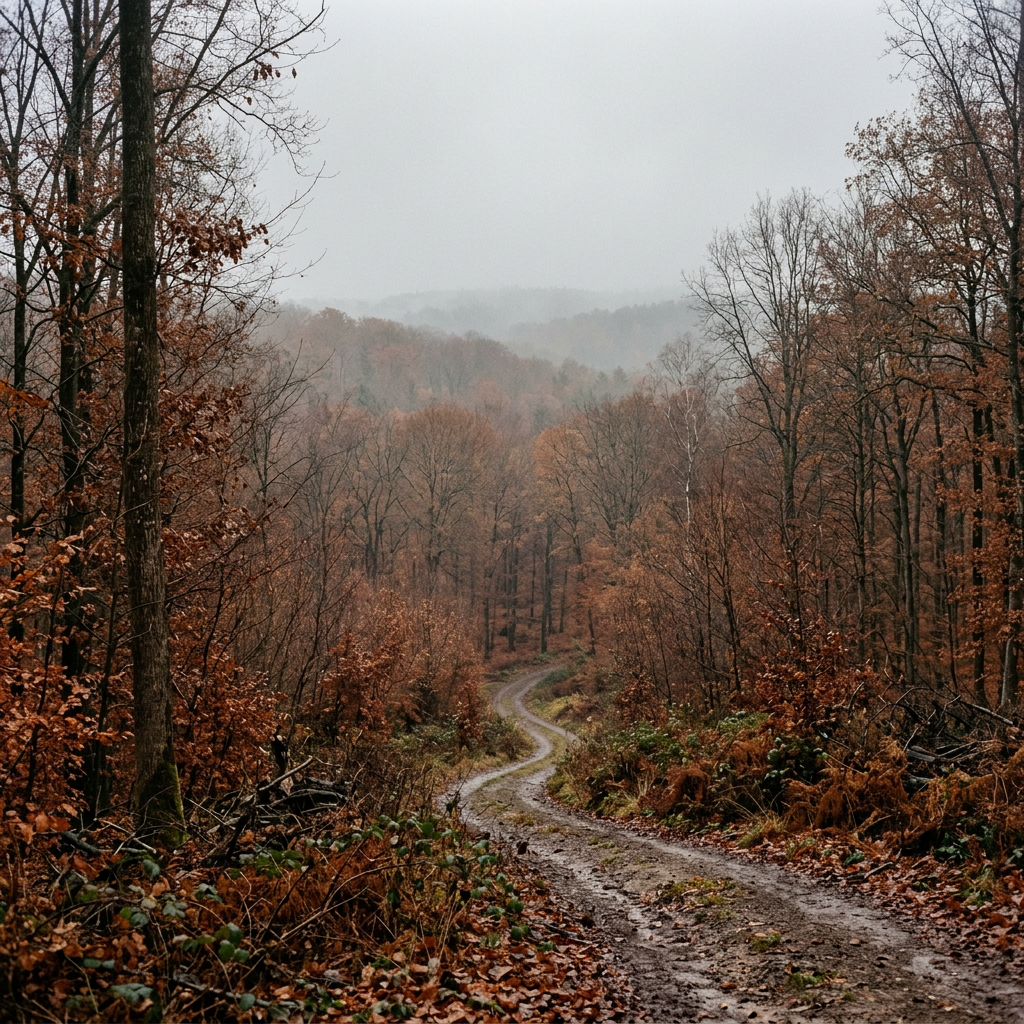 Winding dirt trail through a misty autumn forest with leafless trees