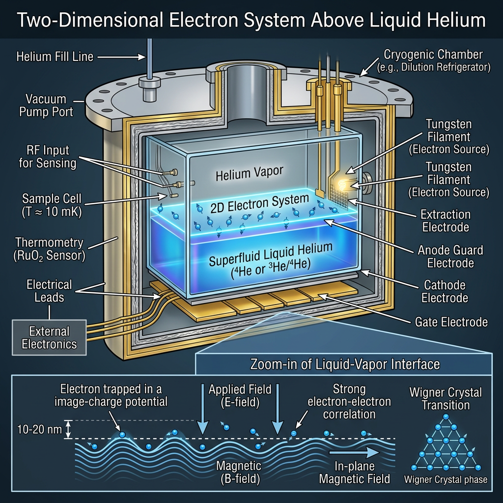 Labeled diagram of a two-dimensional electron system above superfluid liquid helium in a cryogenic chamber with electrodes and electron behavior at the liquid-vapor interface