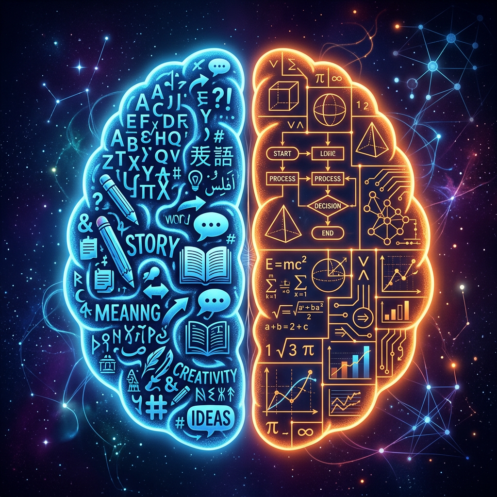 Brain divided into left side with language and creativity symbols and right side with math and logic symbols