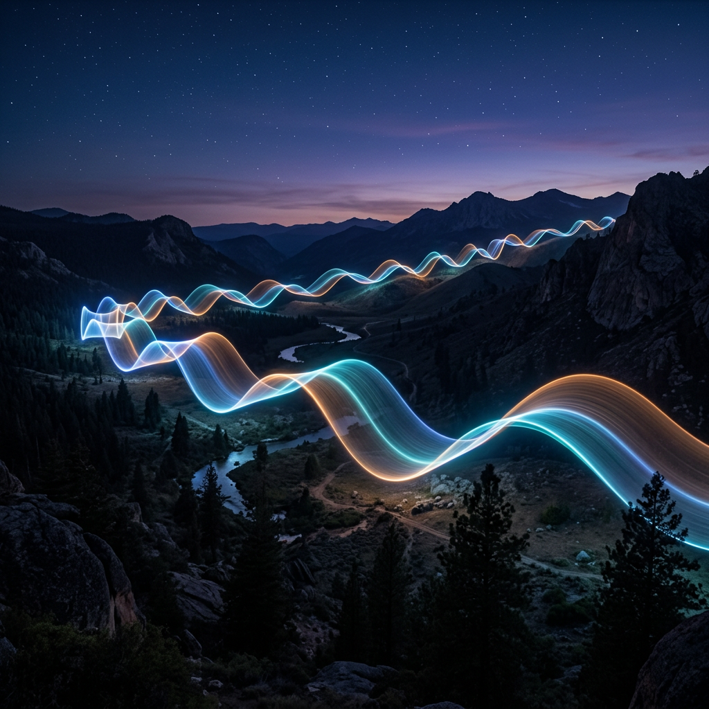 Wavy colorful light trails flowing over a mountainous valley under a starry sky