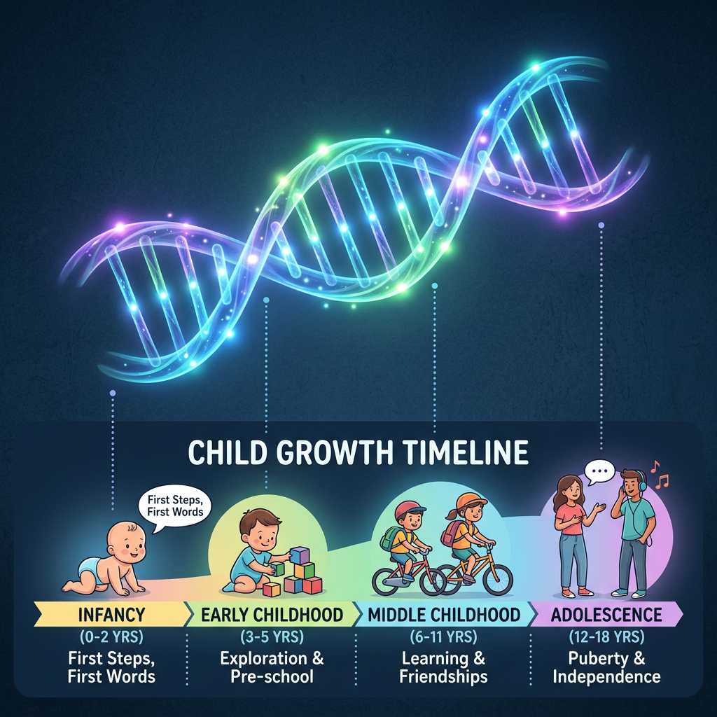 Timeline illustrating child growth stages from infancy to adolescence with key milestones