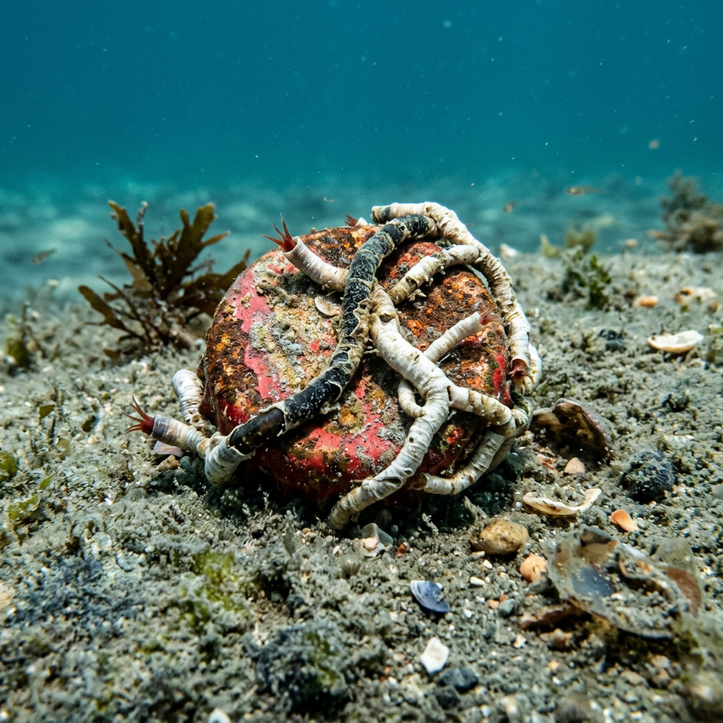 Tube worms attached to a red disc-shaped object on sandy ocean floor