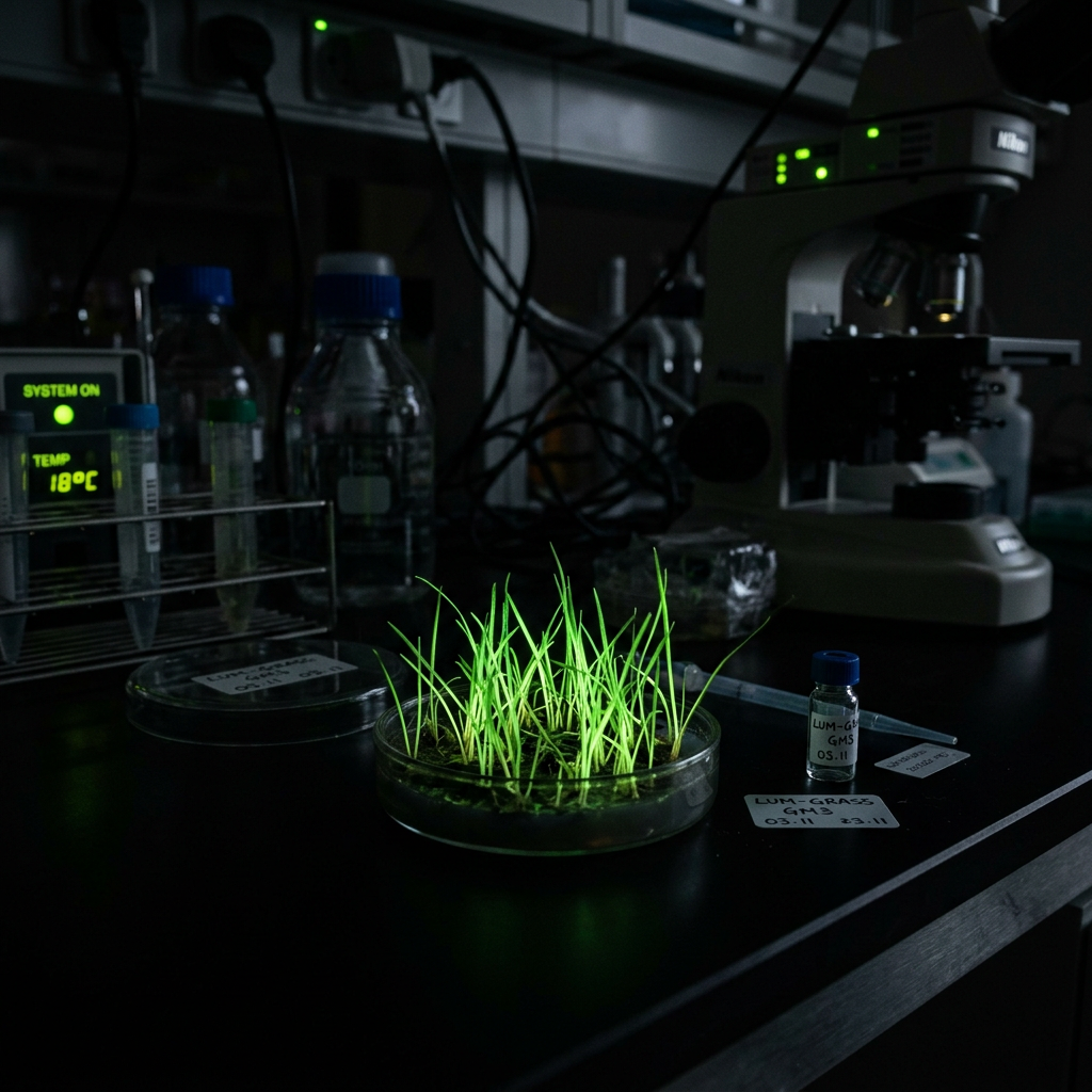 Petri dish with glowing green grass in a dark lab environment with scientific equipment