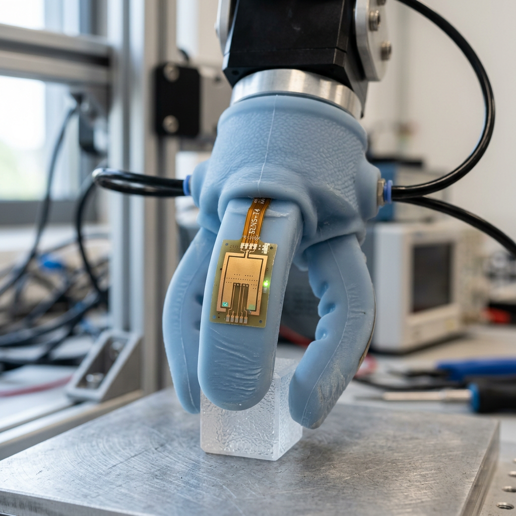 Robotic blue glove hand holding a translucent cube with sensor attached to the finger