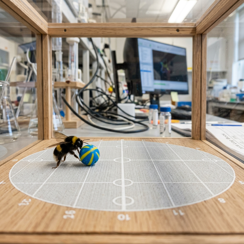 Bumblebee pushing a blue and yellow ball inside a wooden and glass experimental arena in a lab setting