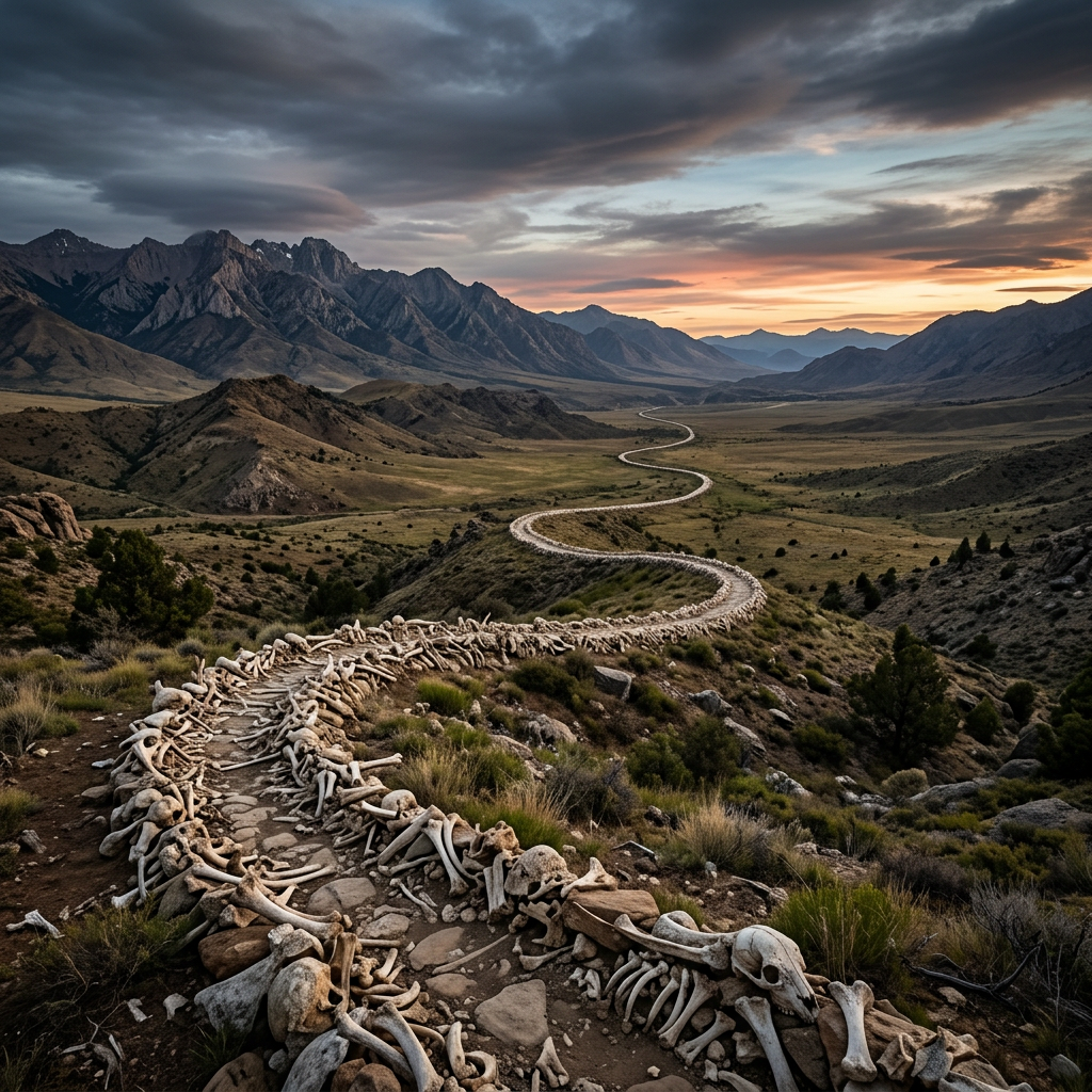 Winding path bordered by animal bones extending into a mountain valley under cloudy sunset sky