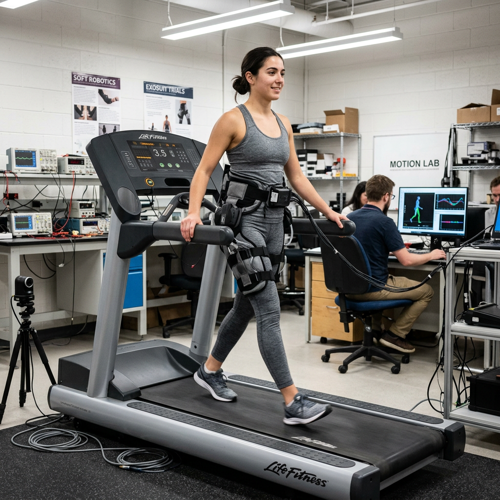 Woman walking on treadmill with sensors for motion analysis in lab environment