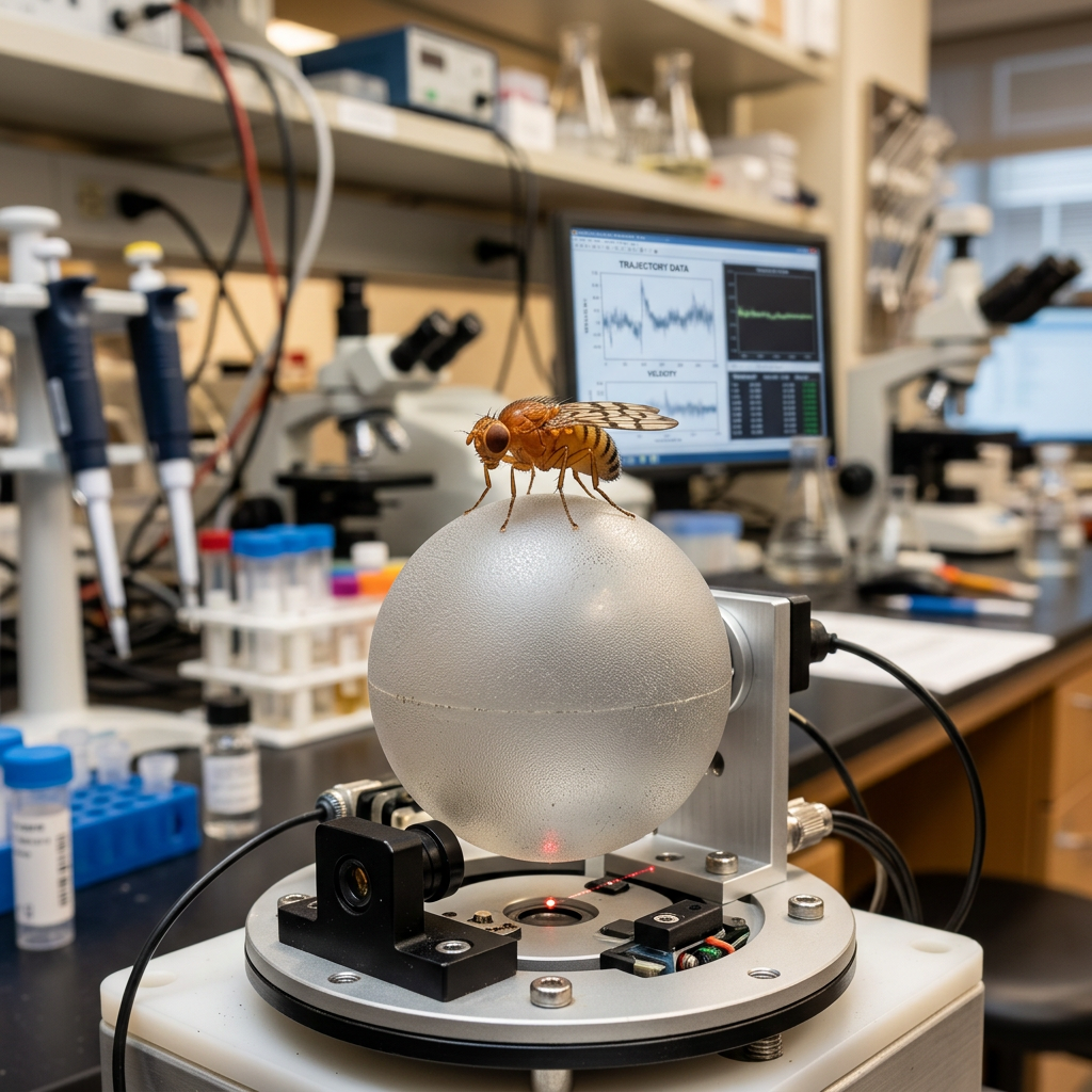Fruit fly on spherical sensor used for flight tracking in a laboratory