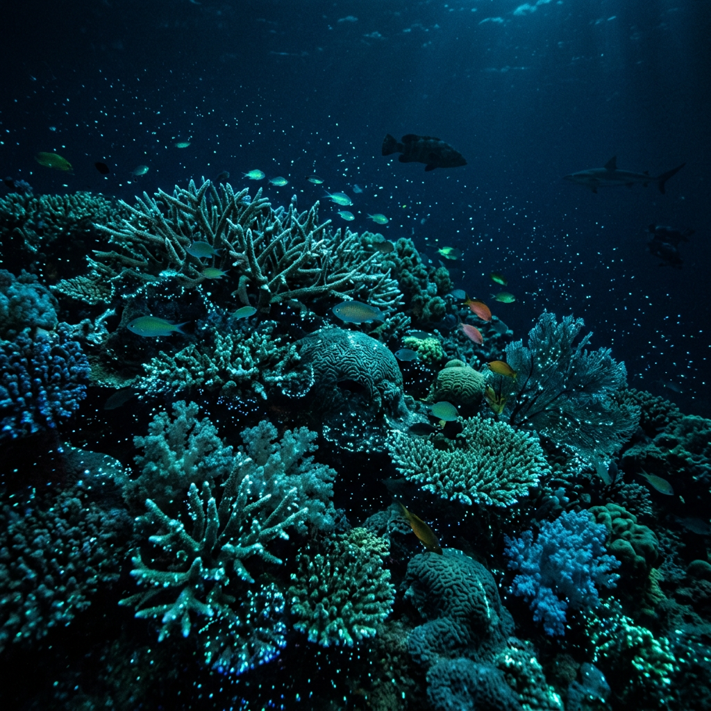Underwater coral reef with various corals, small fish, and a shark in the background