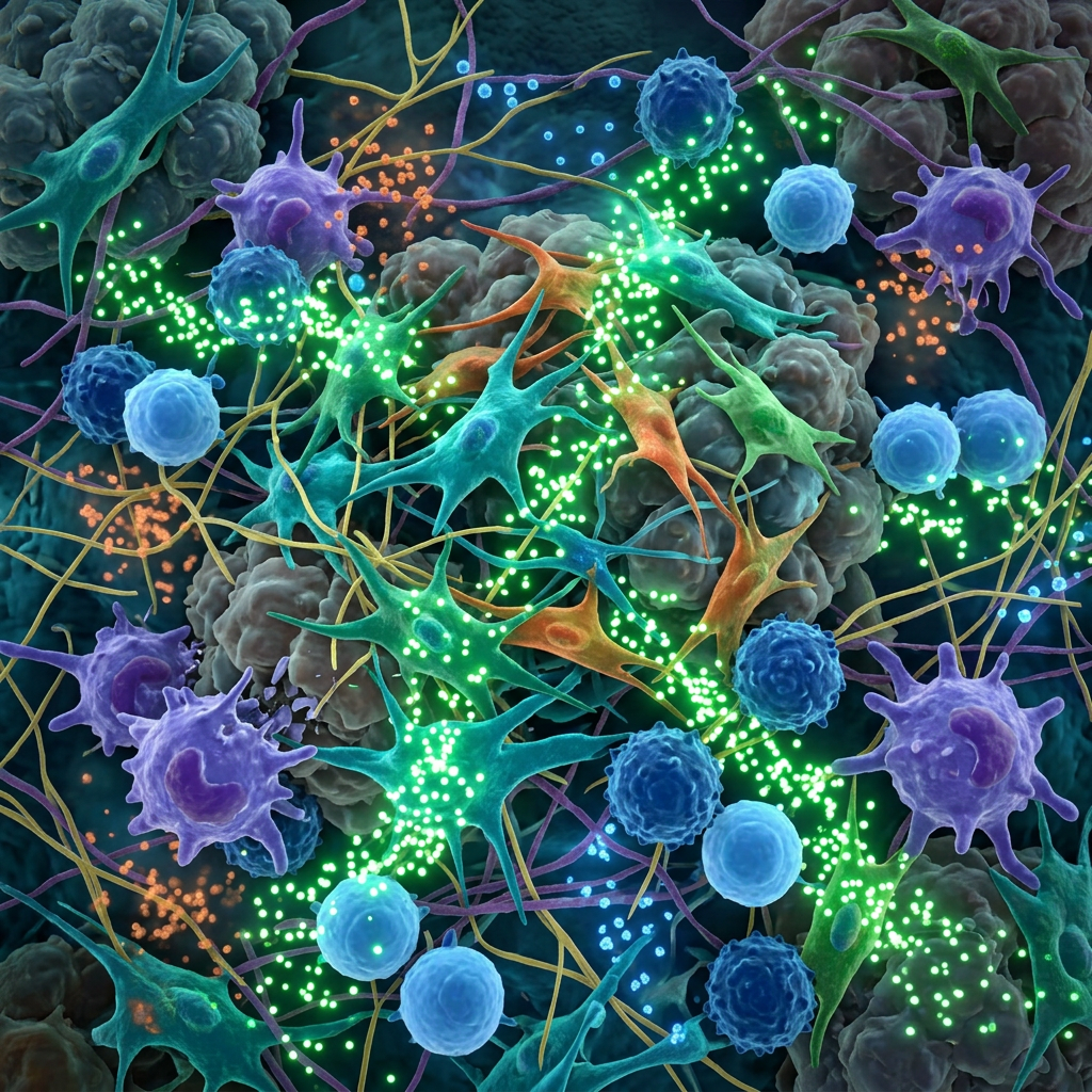 Colorful neurons and immune cells communicating with bright signal particles