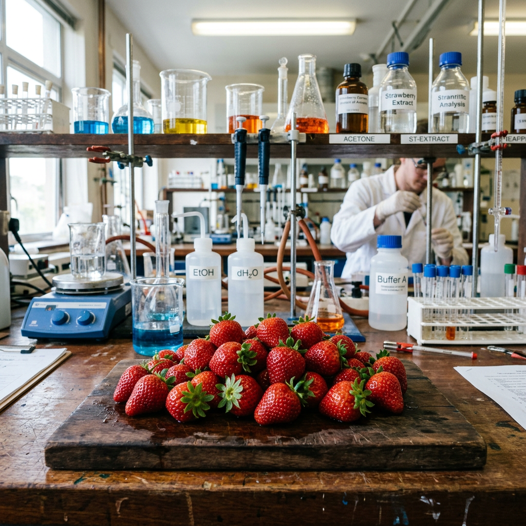 Pile of fresh strawberries on a wooden board in a laboratory with chemical bottles and a scientist working in the background