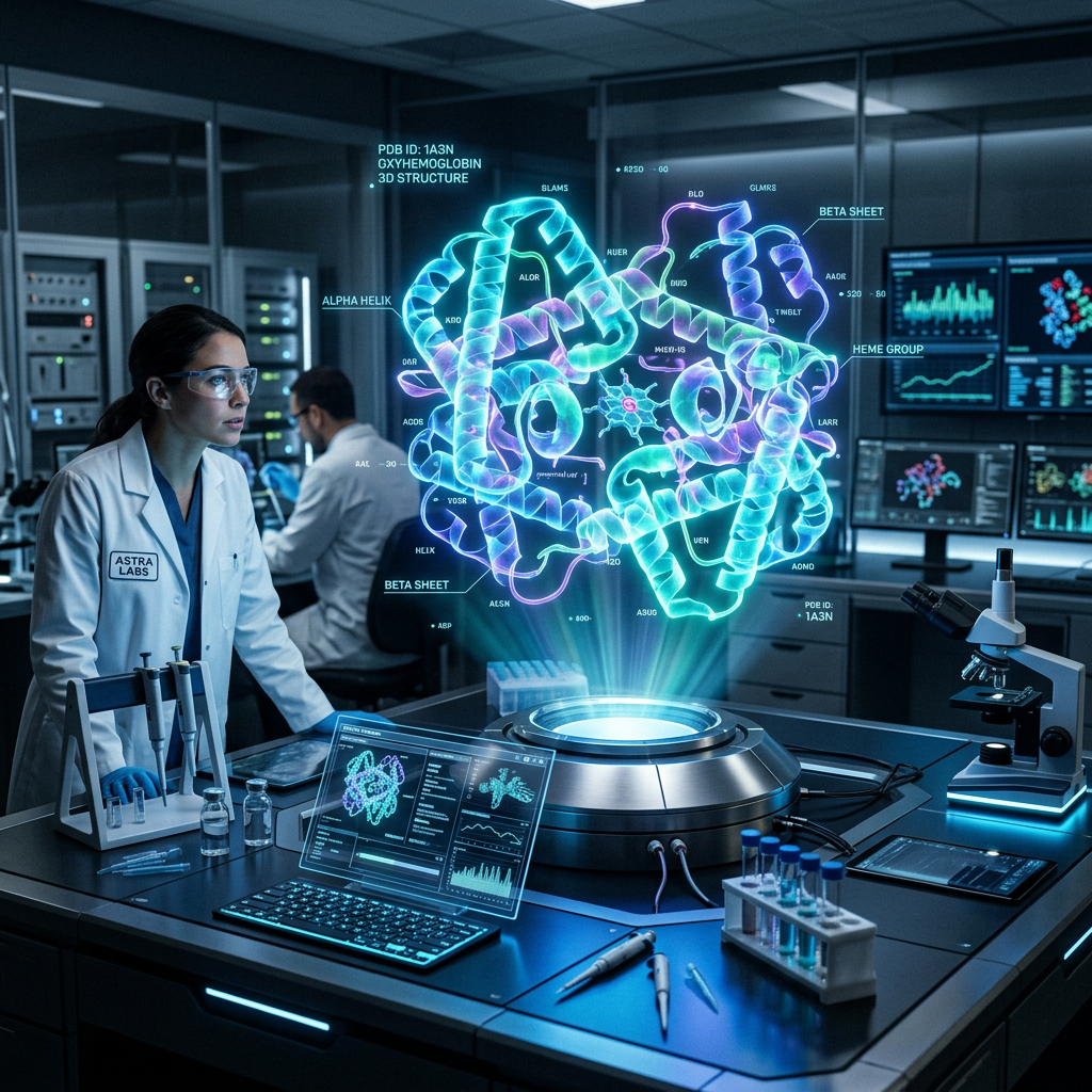 Researchers examining a holographic 3D model of a protein with lab equipment in a modern laboratory
