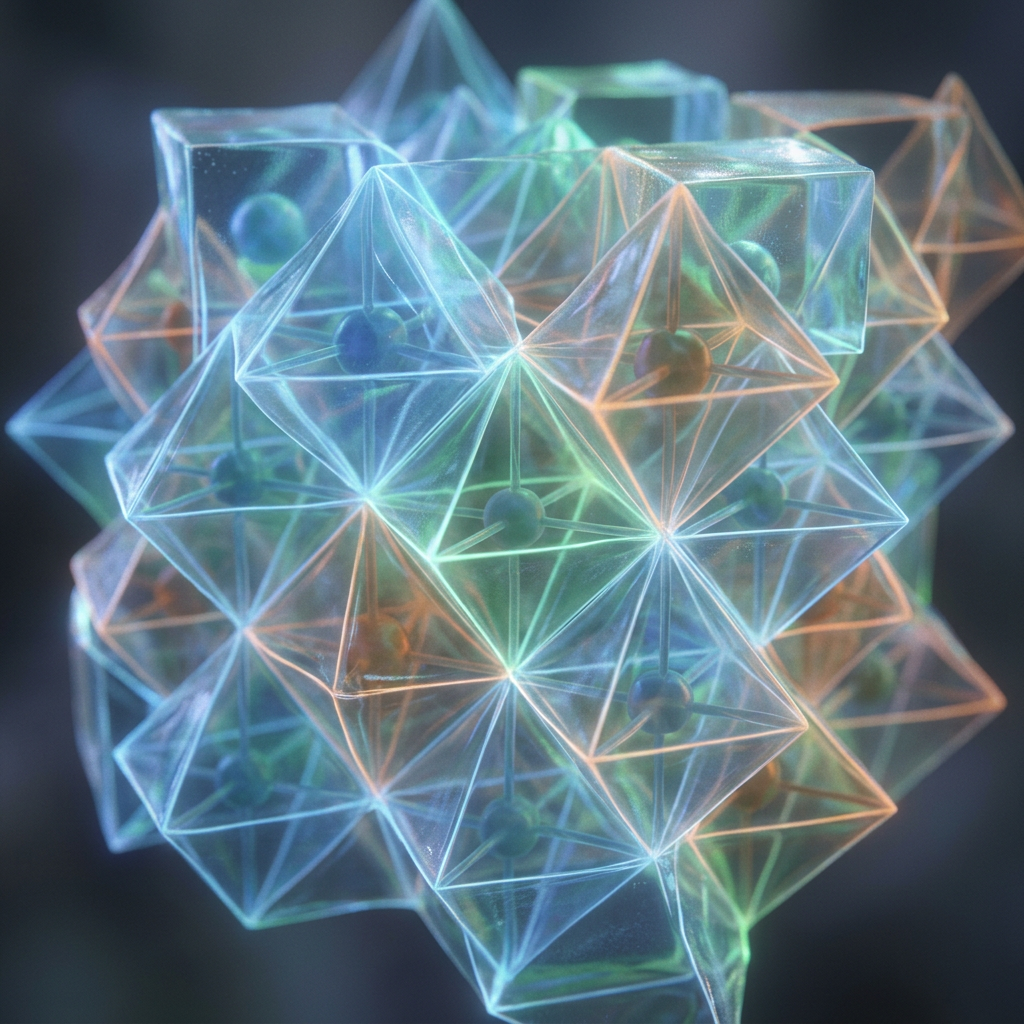 Transparent interconnected geometric shapes forming a lattice with glowing edges and central spheres