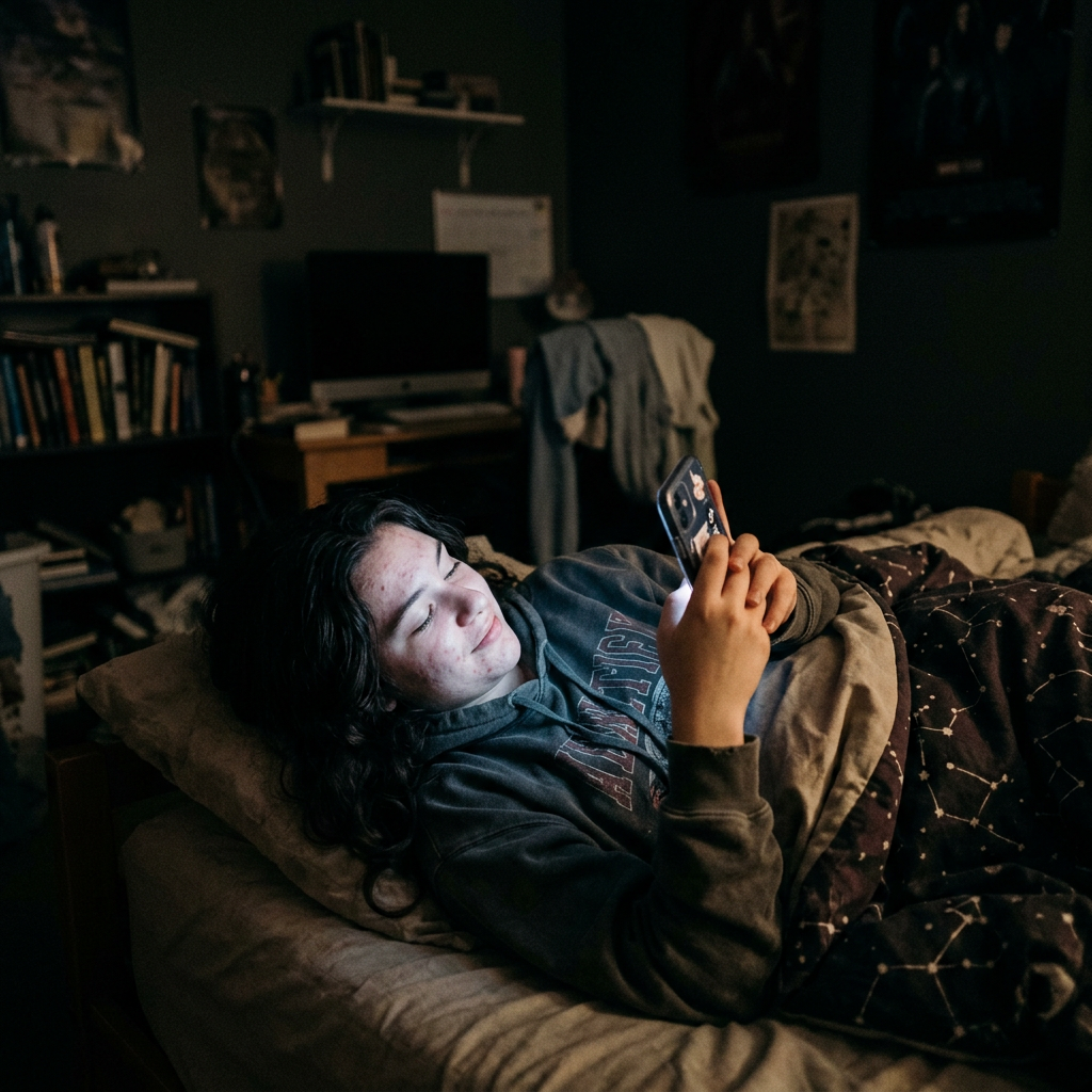 Teen laying in bed looking at smartphone screen in dim bedroom