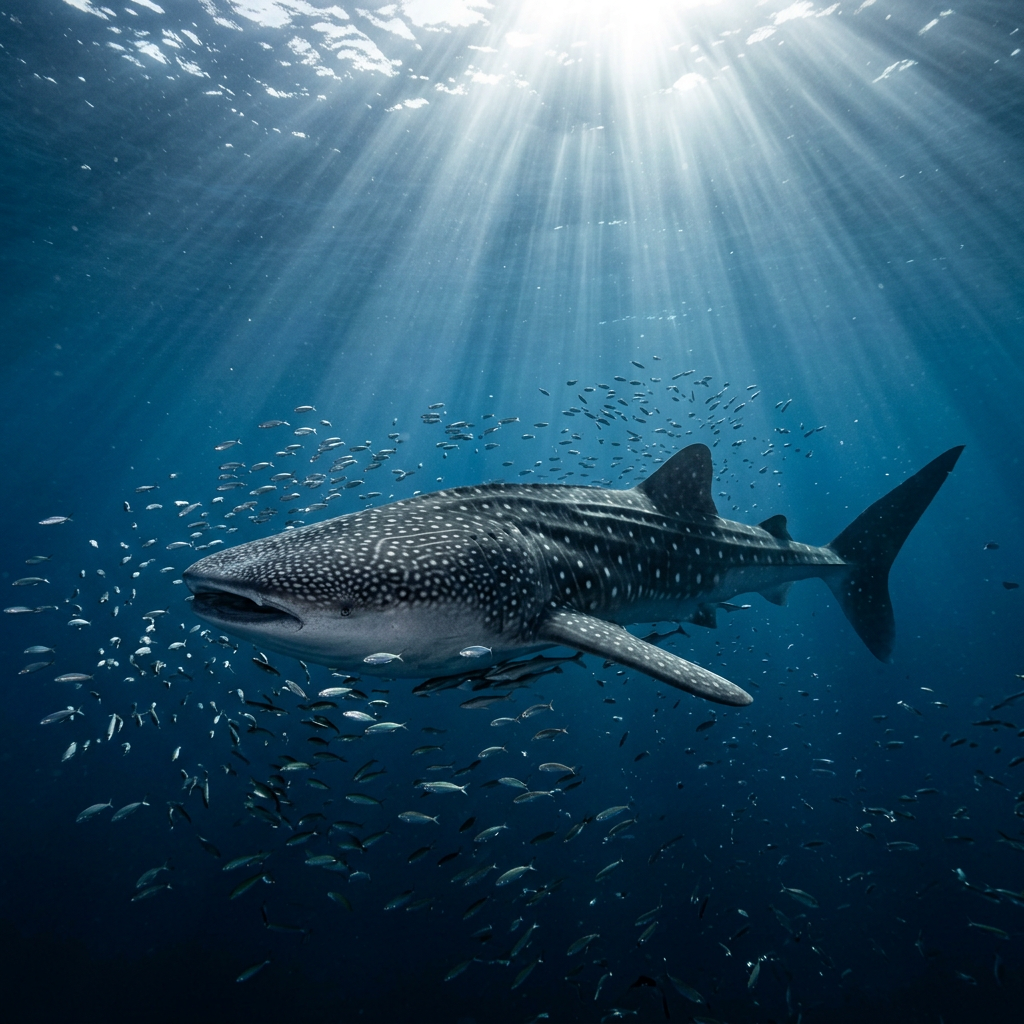 Whale shark swimming underwater with many small fish around