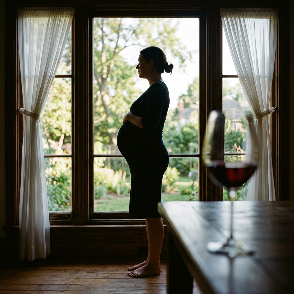 Silhouette of a barefoot pregnant woman standing by a window with sheer curtains during daylight