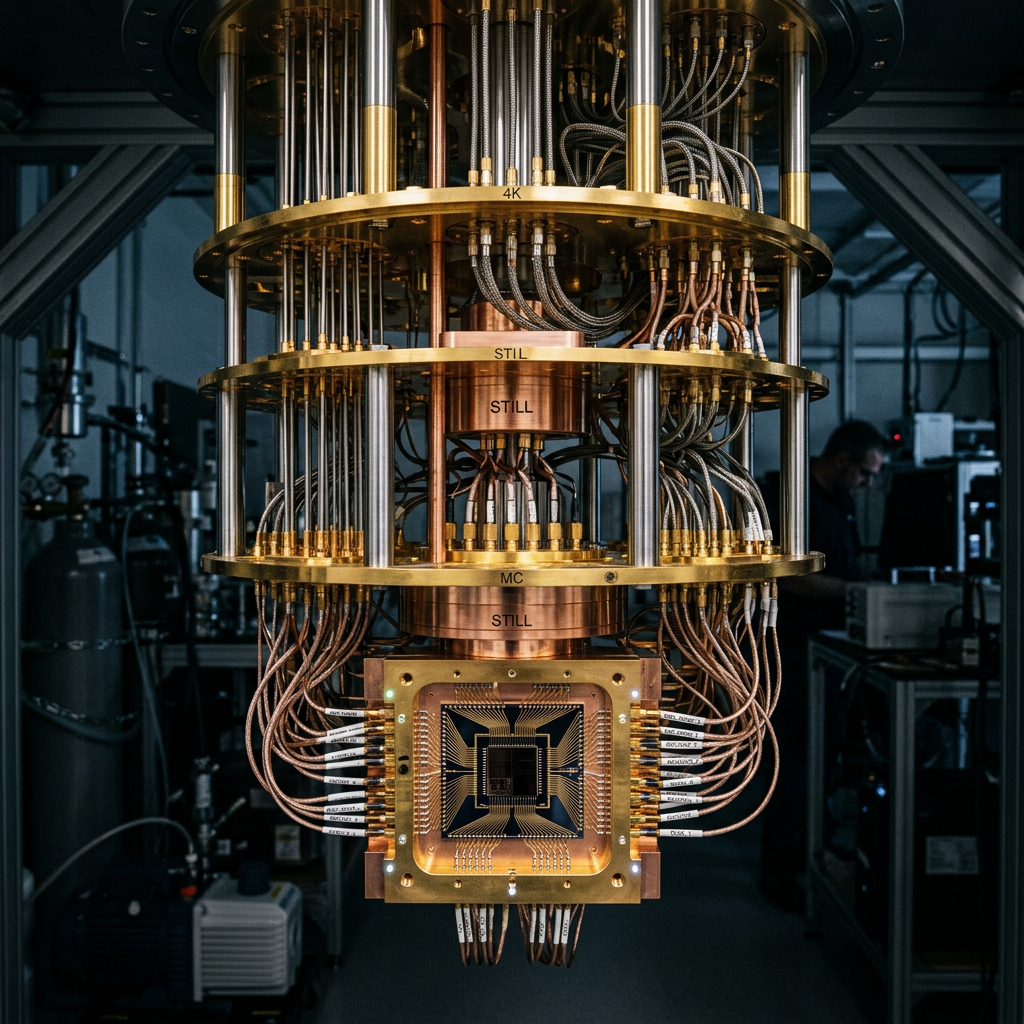 Dilution refrigerator with copper and gold components and multiple labeled wires in a lab