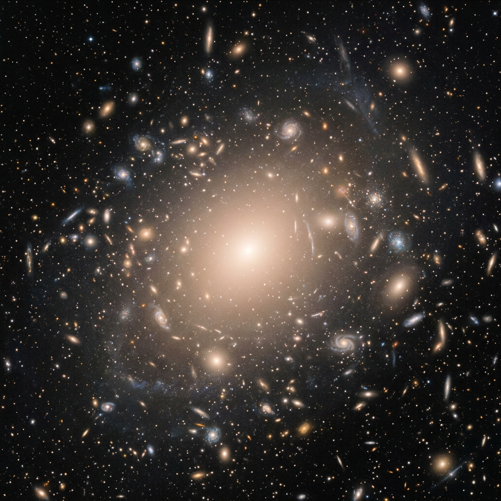A bright central galaxy with many surrounding smaller galaxies and stars in deep space