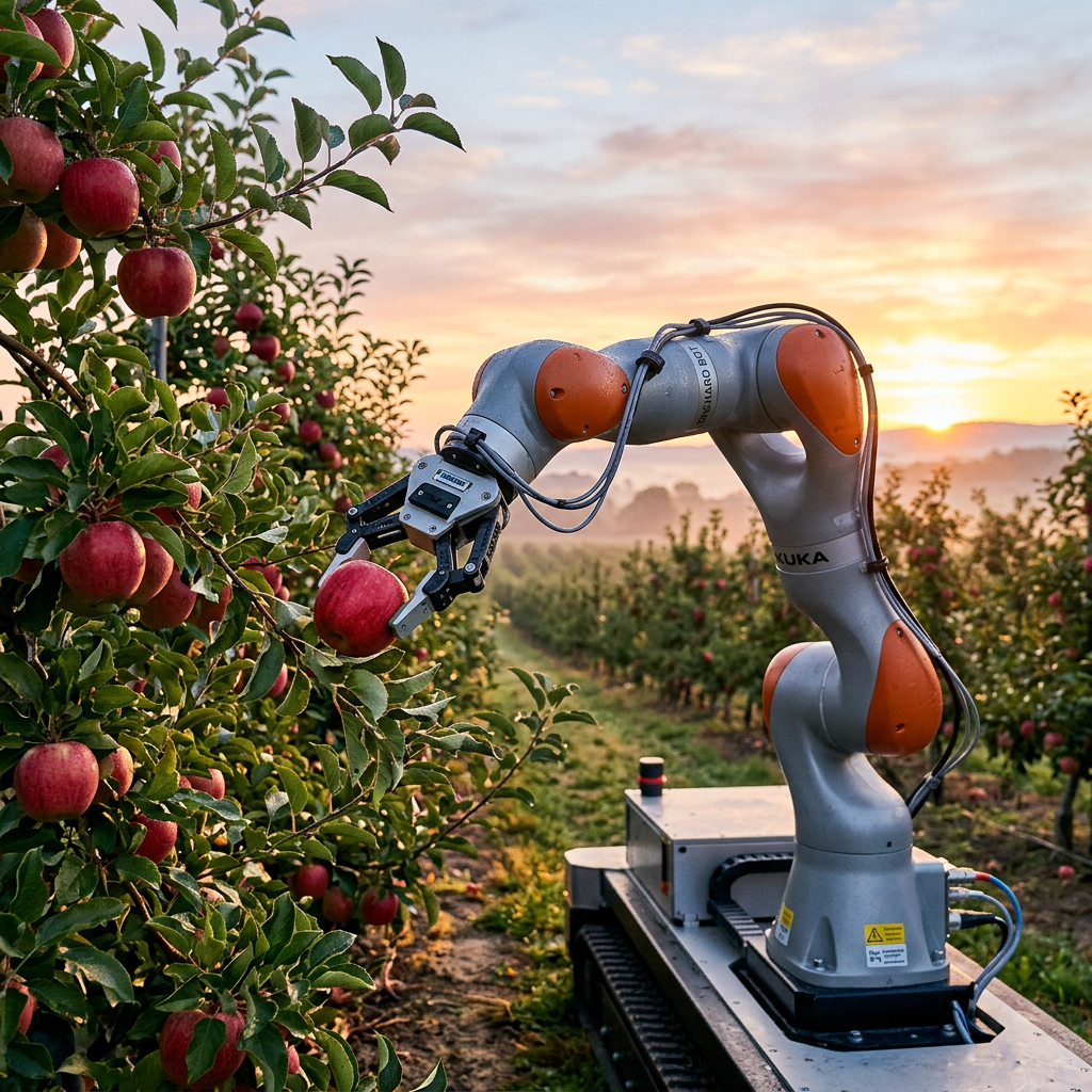 Robotic arm harvesting red apples from a tree in an orchard