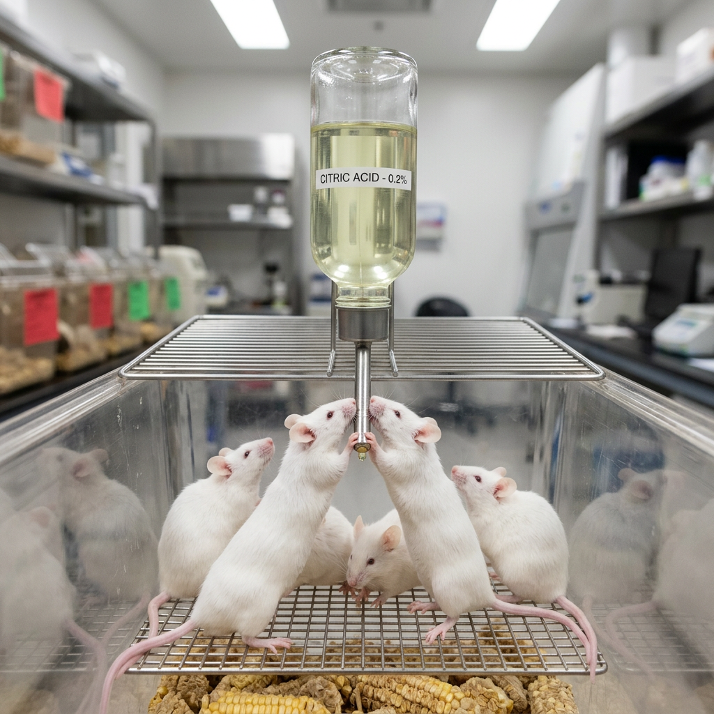 Six white laboratory mice drinking from a citric acid 0.2% water dispenser inside a transparent cage with food on the floor.