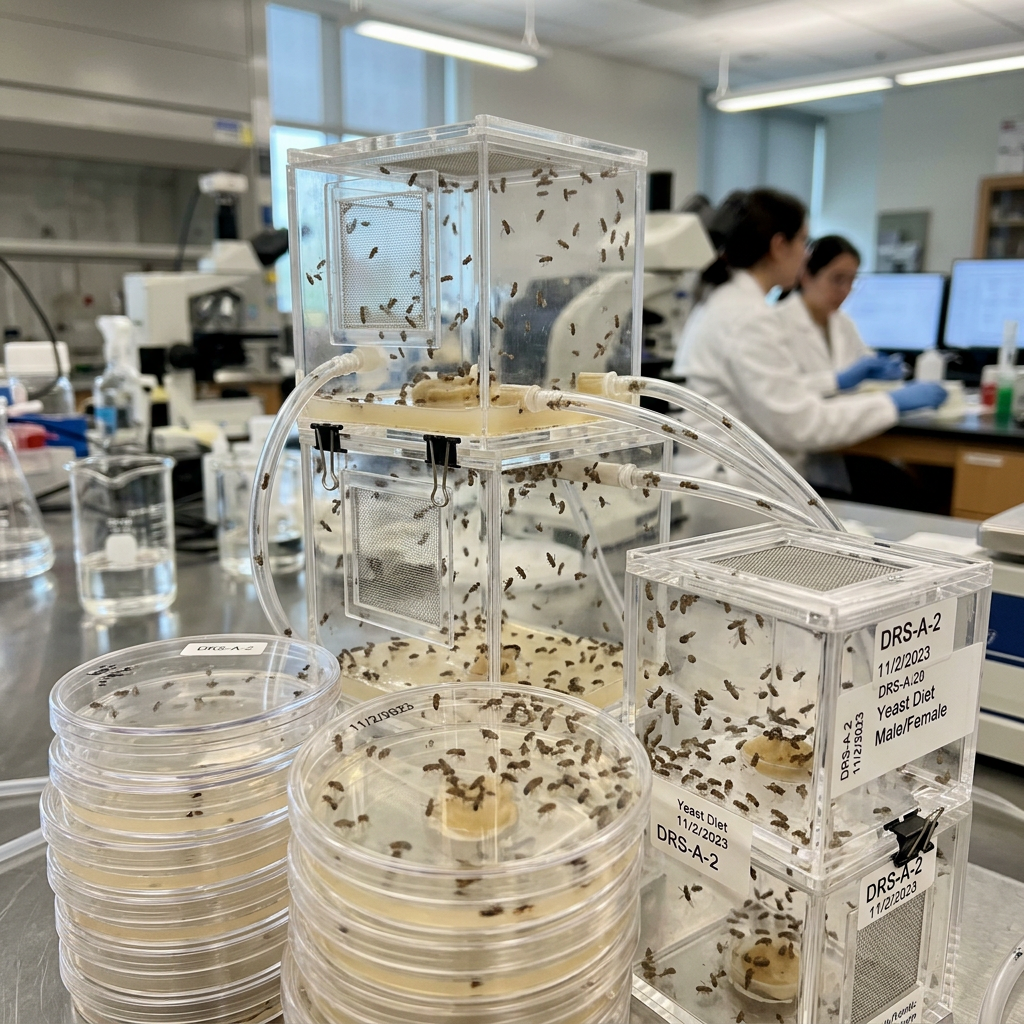 Plastic containers with numerous fruit flies inside connected by clear tubes in a laboratory